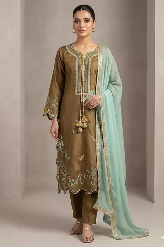 Olive mustard embroidered glass roman suit set