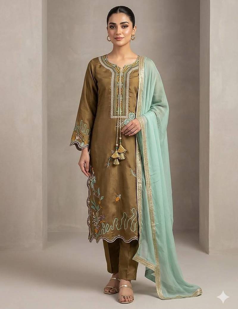 Olive mustard embroidered glass roman suit set