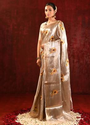 Champagne gold yellow embroidered tissue saree set 2