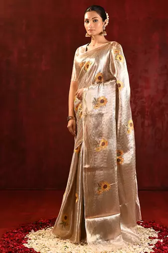 Champagne gold yellow embroidered tissue saree set