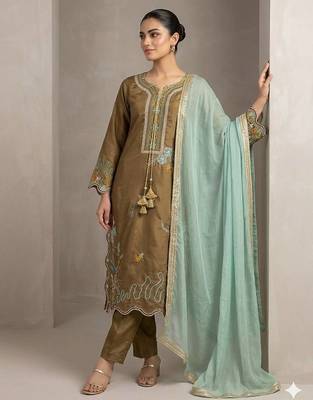 Olive mustard embroidered glass roman suit set 2