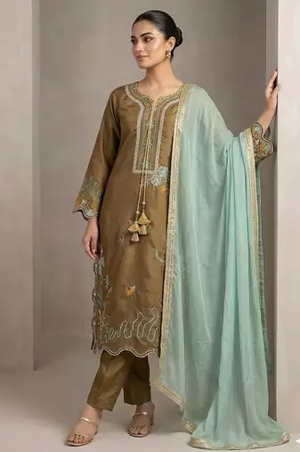Olive mustard embroidered glass roman suit set
