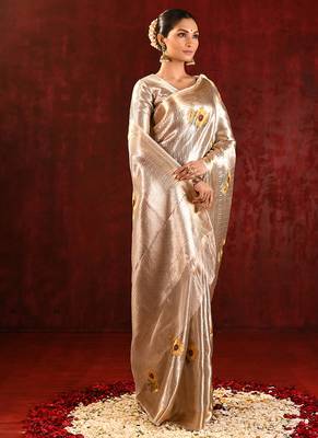 Champagne gold yellow embroidered tissue saree set 3