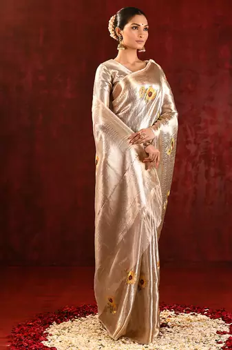 Champagne gold yellow embroidered tissue saree set