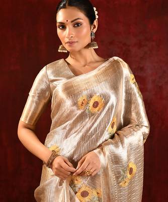 Champagne gold yellow embroidered tissue saree set 4