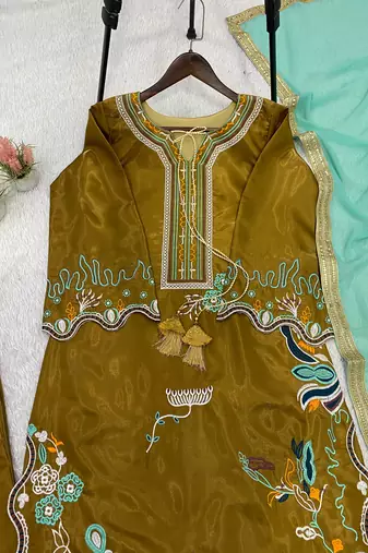 Olive mustard embroidered glass roman suit set