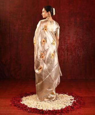 Champagne gold yellow embroidered tissue saree set 5