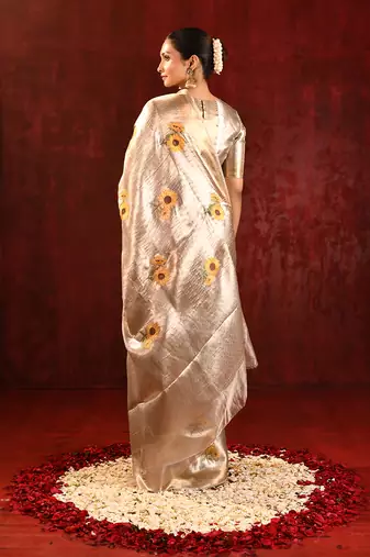 Champagne gold yellow embroidered tissue saree set