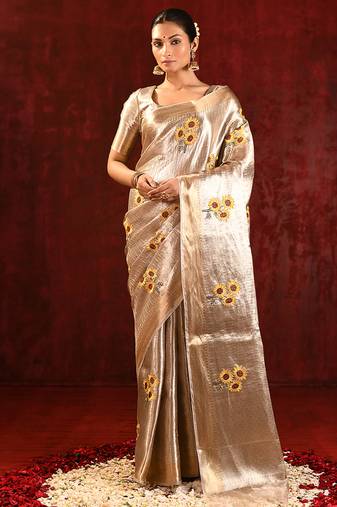Champagne gold yellow embroidered tissue saree set