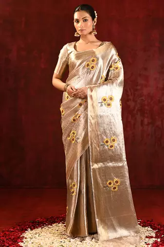 Champagne gold yellow embroidered tissue saree set