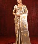 Champagne gold yellow embroidered tissue saree set