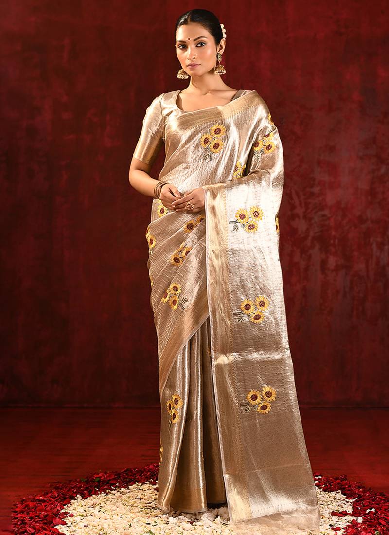 Champagne gold yellow embroidered tissue saree set