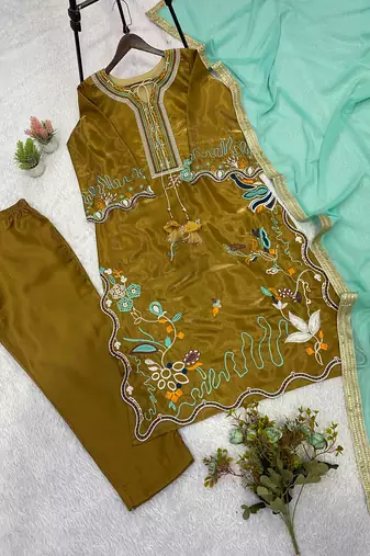 Olive mustard embroidered glass roman suit set