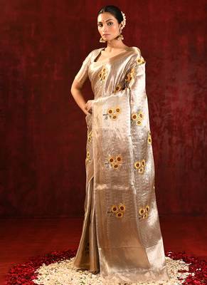 Champagne gold yellow embroidered tissue saree set 2