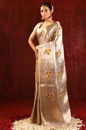 Champagne gold yellow embroidered tissue saree set