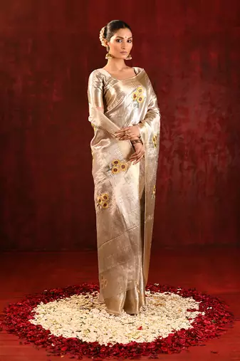 Champagne gold yellow embroidered tissue saree set