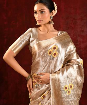 Champagne gold yellow embroidered tissue saree set 4