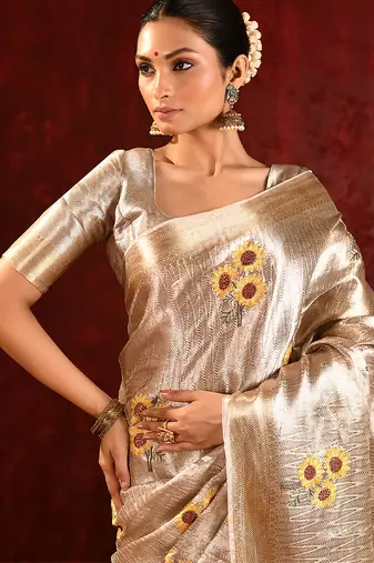 Champagne gold yellow embroidered tissue saree set