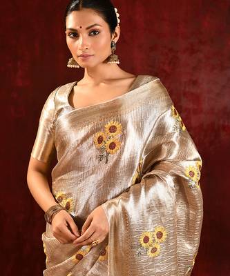 Champagne gold yellow embroidered tissue saree set 5