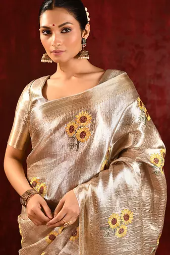 Champagne gold yellow embroidered tissue saree set