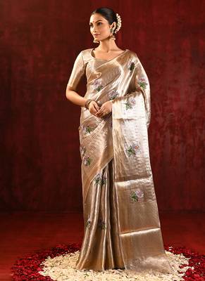 Champagne gold purple embroidered tissue saree set 1