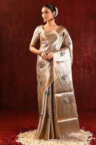 Champagne gold purple embroidered tissue saree set