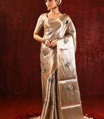 Champagne gold purple embroidered tissue saree set