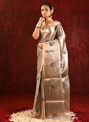 Champagne gold purple embroidered tissue saree set 2
