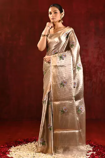 Champagne gold purple embroidered tissue saree set