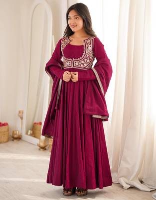 Rani pink roman silk chanderi anarkali gown set with jacket 1