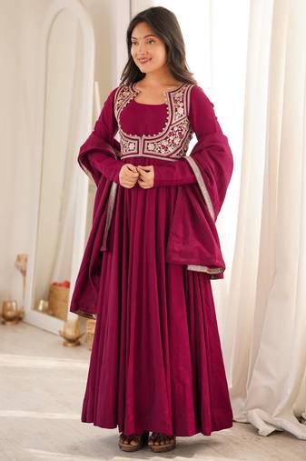 Rani pink roman silk chanderi anarkali gown set with jacket