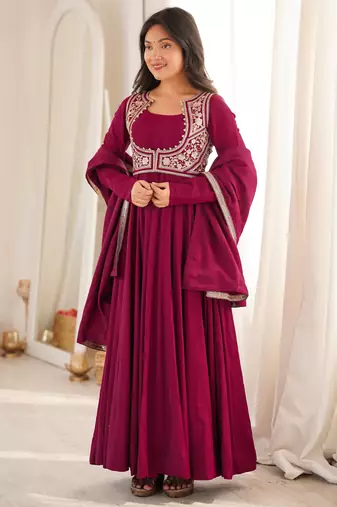 Rani pink roman silk chanderi anarkali gown set with jacket