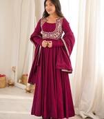 Rani pink roman silk chanderi anarkali gown set with jacket
