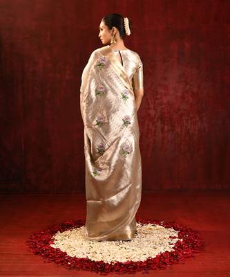 Champagne gold purple embroidered tissue saree set 5