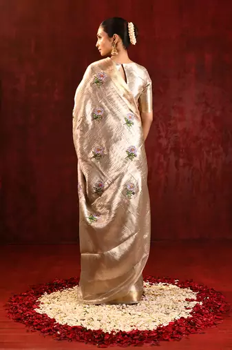 Champagne gold purple embroidered tissue saree set