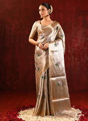 Champagne gold purple embroidered tissue saree set 1