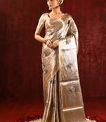 Champagne gold purple embroidered tissue saree set