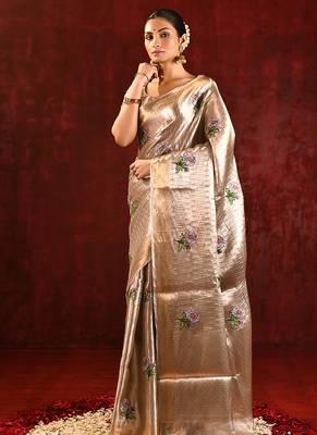 Champagne gold purple embroidered tissue saree set 2