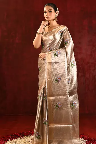 Champagne gold purple embroidered tissue saree set