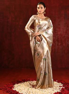 Champagne gold purple embroidered tissue saree set 3