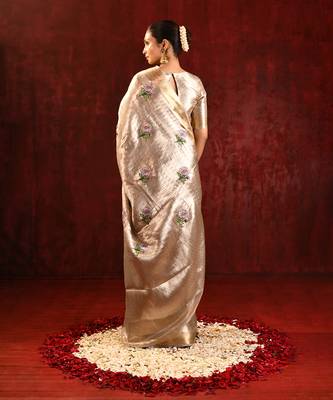 Champagne gold purple embroidered tissue saree set 5