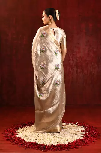 Champagne gold purple embroidered tissue saree set