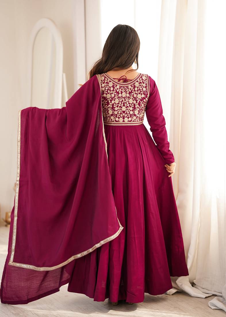 Rani pink roman silk chanderi anarkali gown set with jacket