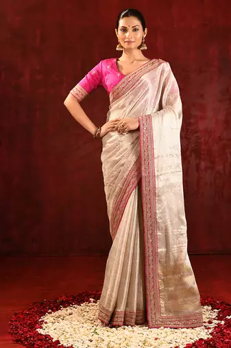 Light gold pink embroidered tissue saree set