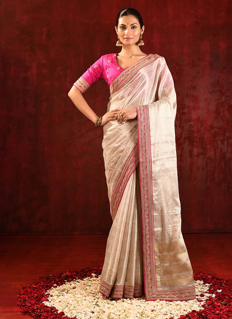 Light gold pink embroidered tissue saree set