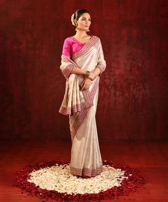 Light gold pink embroidered tissue saree set 2