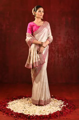 Light gold pink embroidered tissue saree set