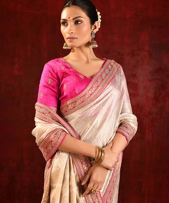 Light gold pink embroidered tissue saree set 3