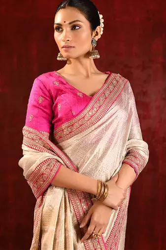Light gold pink embroidered tissue saree set