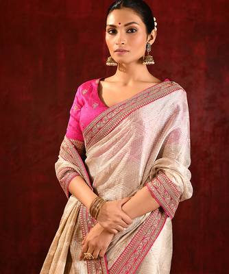 Light gold pink embroidered tissue saree set 4